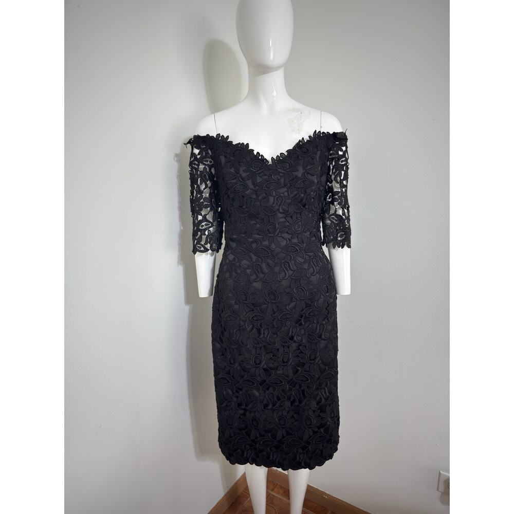 Helen Morley Women’s Black Lace Cocktail Dress Floral Embroidery Knee Length 14